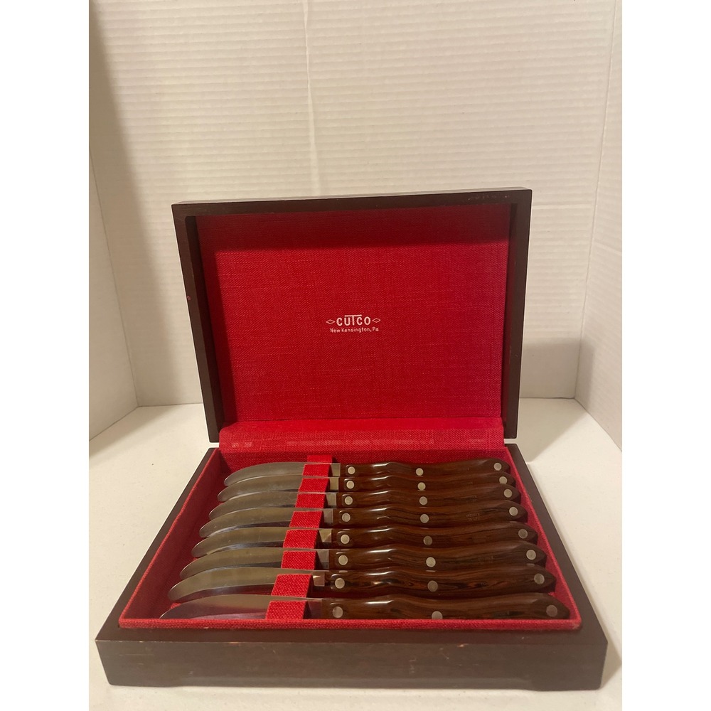 Cutco 59 Steak Knife Set of 8 Brown Bakelite Handle with Wood Presentation Box